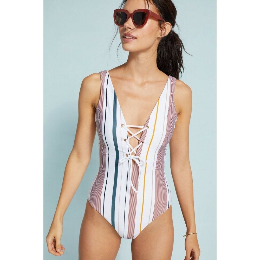 NWT Tavik Roan Lace-Up One-Piece Swimsuit White Striped Size XS $162
